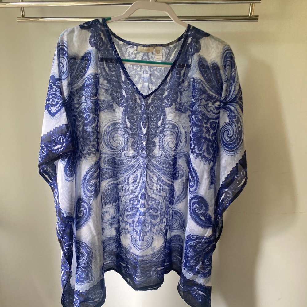 Chico's Blue and White Poncho Pullover Top Tunic with Paisley Design
